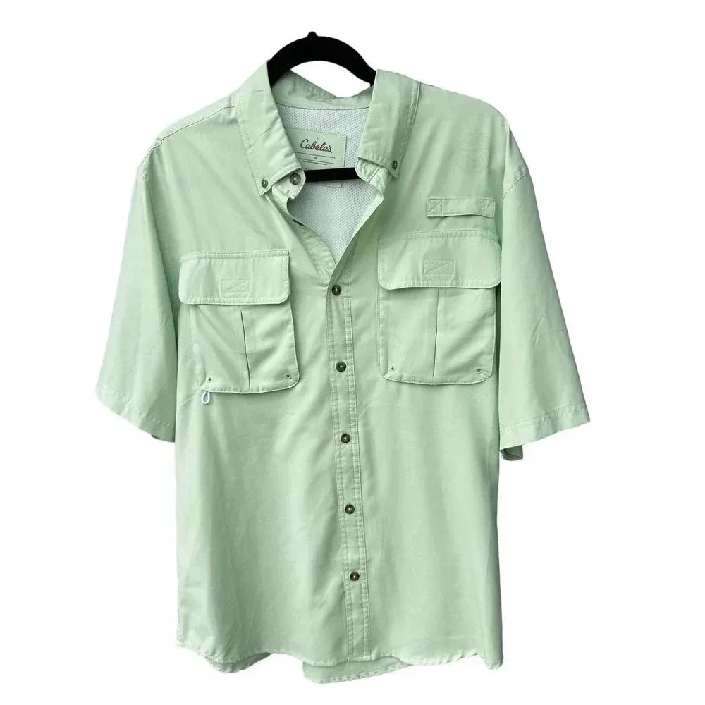 Cabela's Men's Green Collared Short Sleeve Pockets Button Down Shirt Size Medium